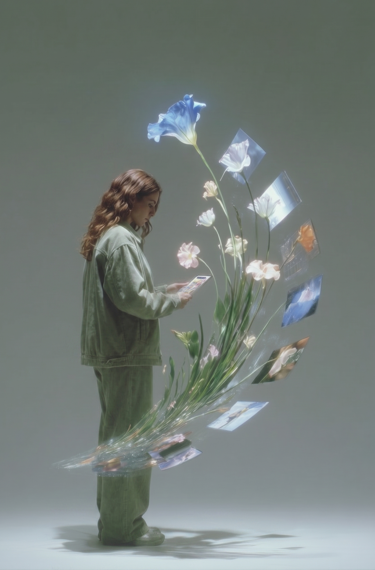 A woman tending to a digital garden of flowers blooming from her phone